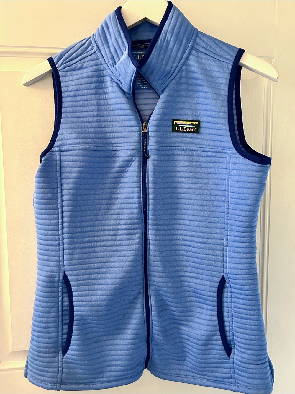 L.L. Bean Light Blue Quilted Fleece Vest with Navy Trim